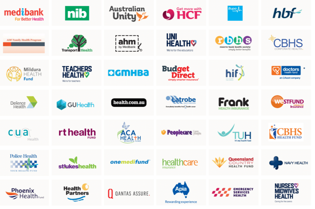 A grid showing logos of various Australian health insurance providers, each with distinct colours, fonts, and icons—perfect for finding cover options that include benefits like massage near me from Medibank, nib, HCF, Bupa, and more.