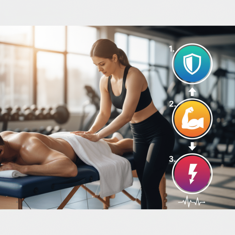 A woman in sportswear gives a man a massage on a table in a gym. Next to them are icons numbered 1 to 3, showing a shield, a flexed arm, and a lightning bolt with a heartbeat line.