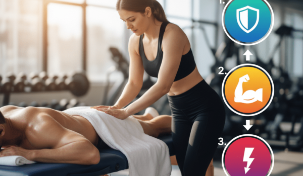 A woman in sportswear gives a man a massage on a table in a gym. Next to them are icons numbered 1 to 3, showing a shield, a flexed arm, and a lightning bolt with a heartbeat line.